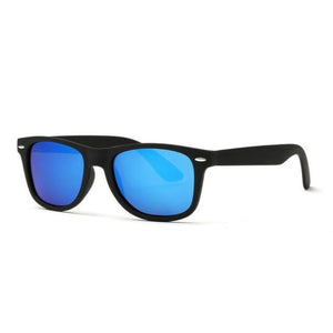 A simple and plain pair of sunglasses with a thick black frame and oval-shaped lens. The lens is a shade of blue. 