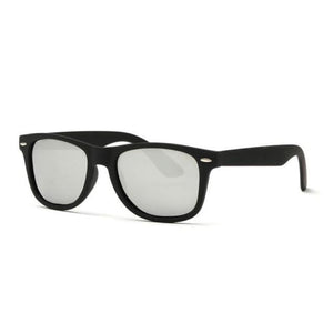 A simple and plain pair of sunglasses with a thick black frame and oval-shaped lens. The lens is a shade of silver. 