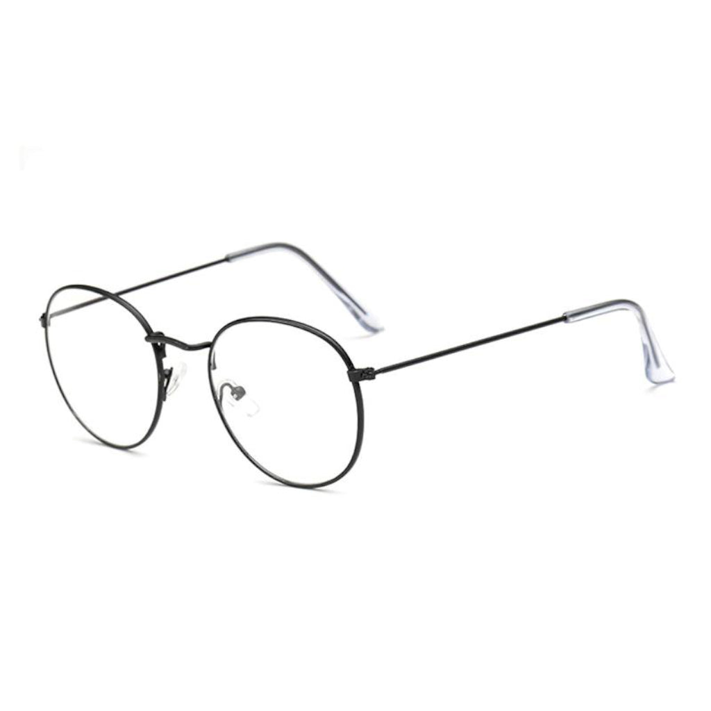 Glasses made out of thin alloy material in a simple black finish. The material is smooth and the lens are transparent.