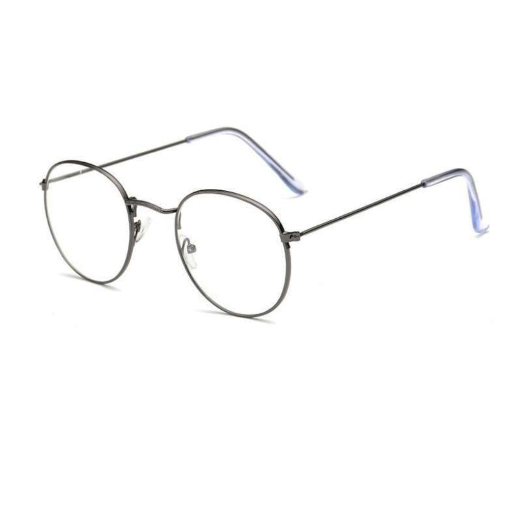 Glasses made out of thin alloy material in a clean silver finish. The material is smooth and the lens are transparent.