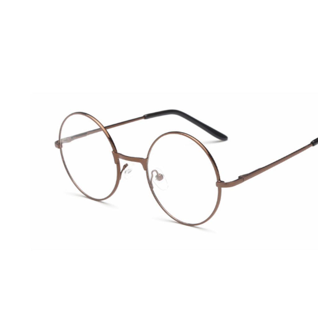 Thin brown glasses made out of alloy material, with a very simple and clean design. The lens is transparent.