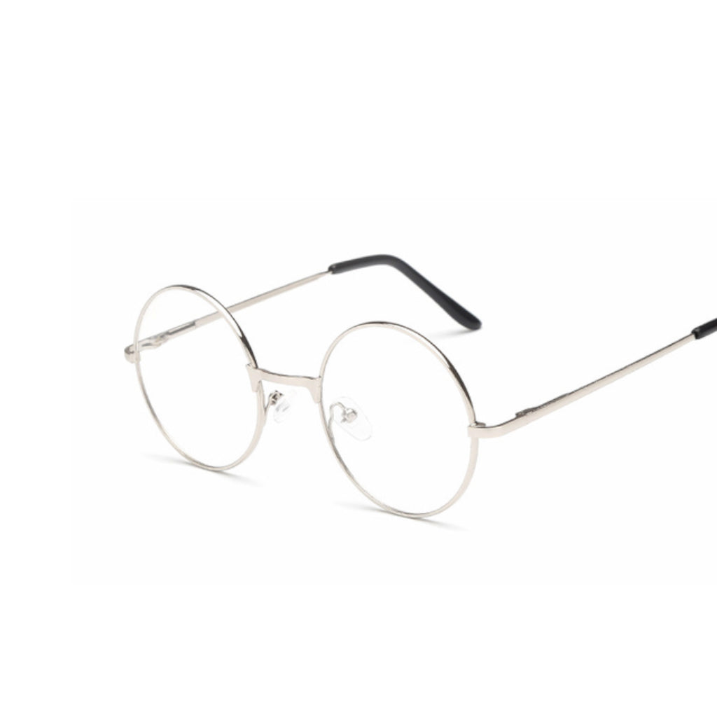 Thin light silver glasses made out of alloy material, with a very simple and clean design. The lens is transparent.