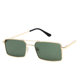 Sunglasses with a thin build and rectangle-shaped lens. The frame is gold and has a simple line connecting two parts at the top and in the middle of the lens. The colour of the lens is a dark shade of green.