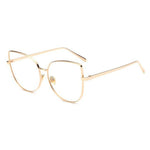 A pair of cat-eye styled glasses with a pointy corner at the top right and left with a circular design frame. A smooth round edge with a strong, sturdy gold finish around the lens. The lens is transparent.