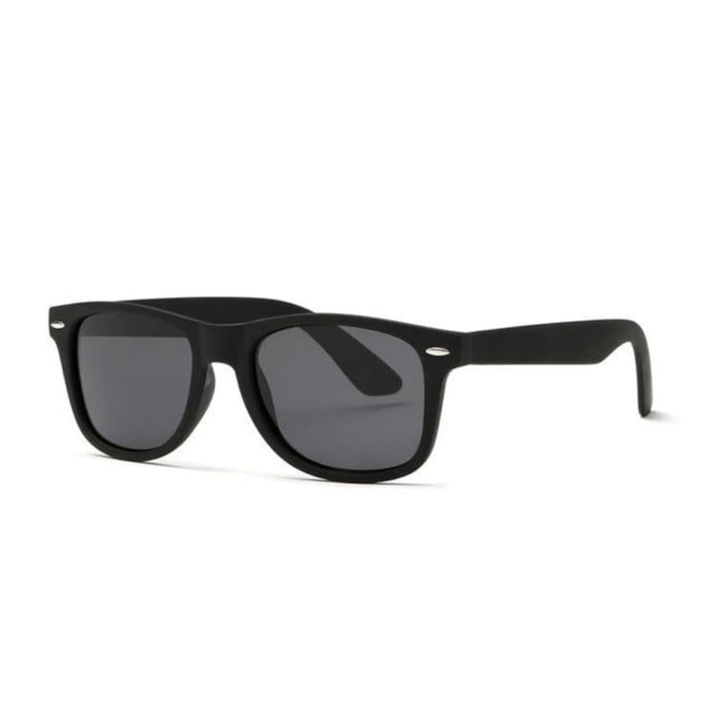 A simple and plain pair of sunglasses with a thick black frame and oval-shaped lens. The lens is a tint of black.