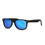A simple and plain pair of sunglasses with a thick black frame and oval-shaped lens. The lens is a shade of blue. 