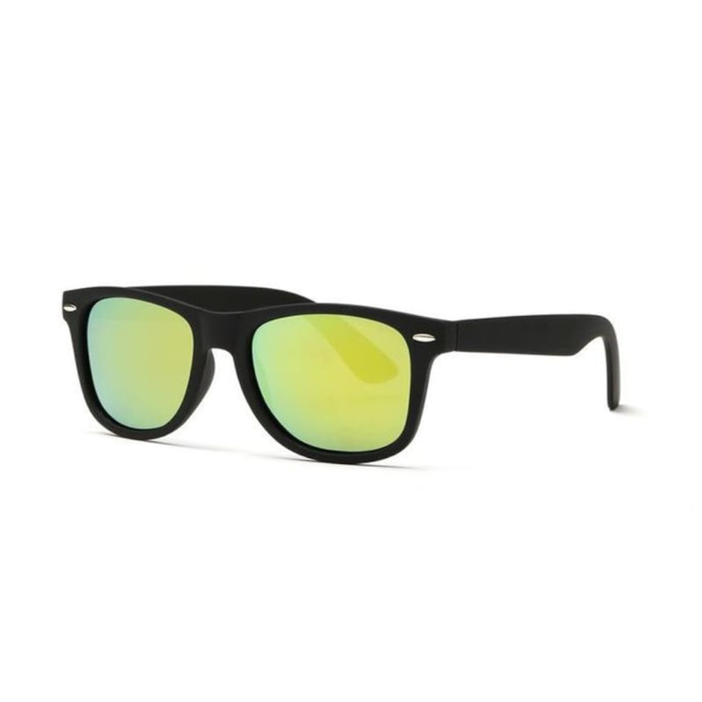 A simple and plain pair of sunglasses with a thick black frame and oval-shaped lens. The lens is a shade of lime.. 