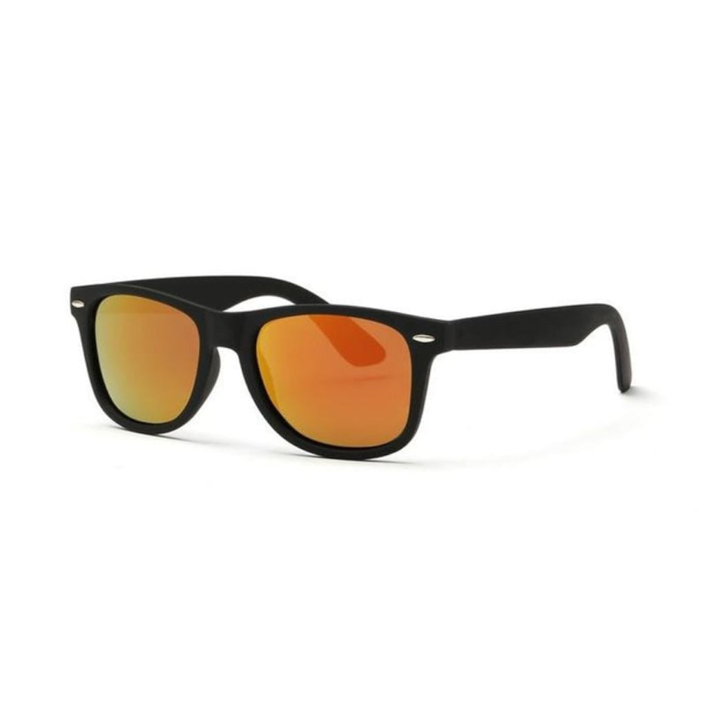 A simple and plain pair of sunglasses with a thick black frame and oval-shaped lens. The lens is a shade of orange. 