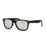 A simple and plain pair of sunglasses with a thick black frame and oval-shaped lens. The lens is a shade of silver. 
