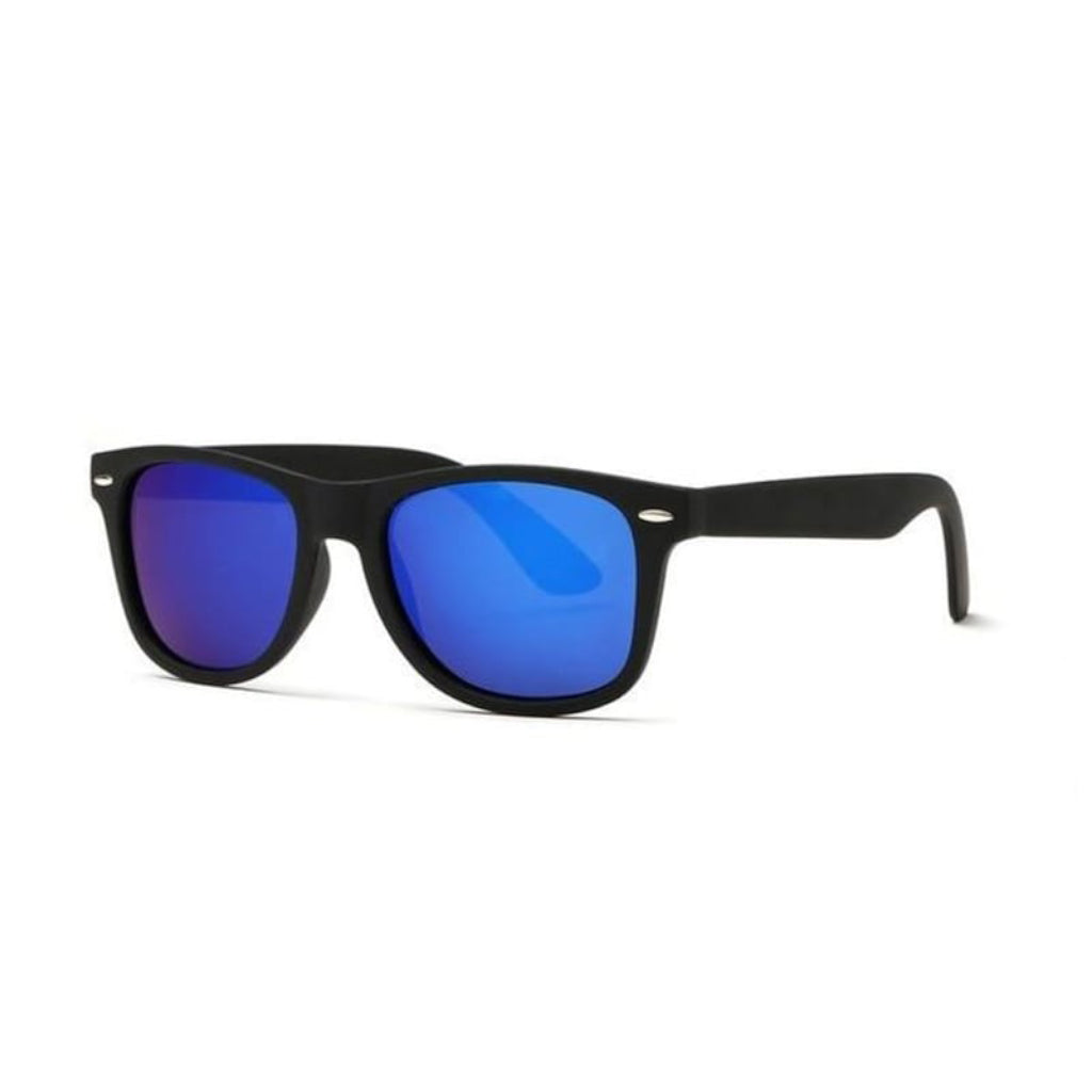 A simple and plain pair of sunglasses with a thick black frame and oval-shaped lens. The lens is a shade of violet. 
