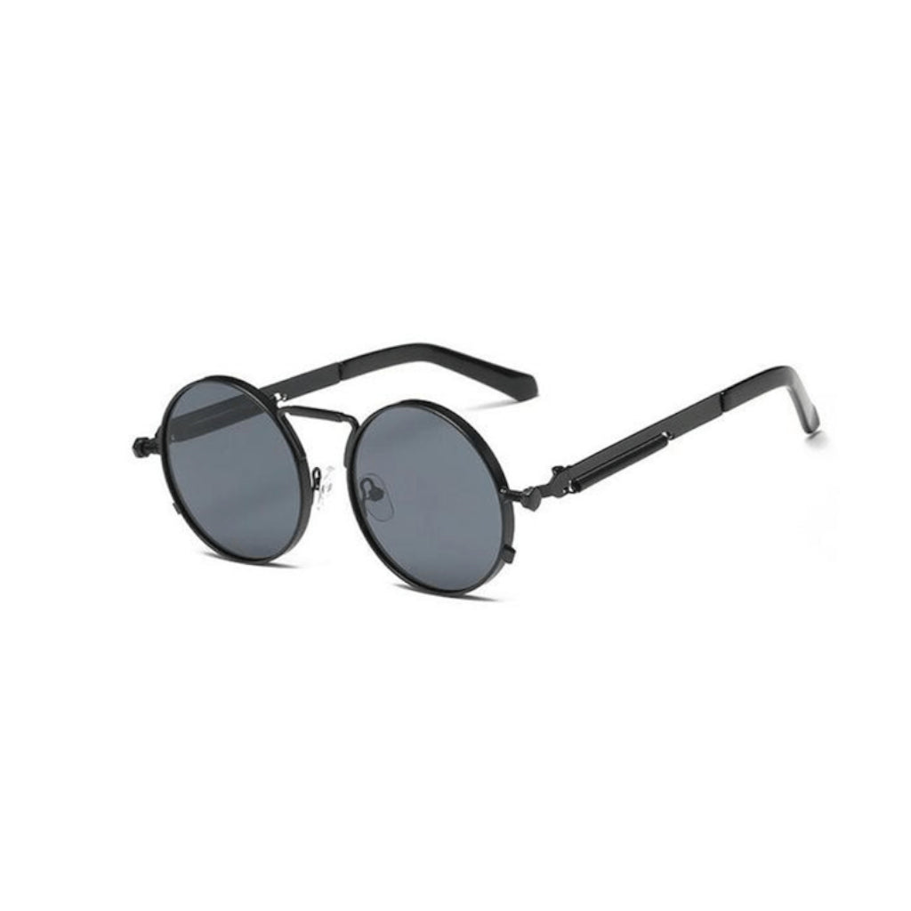 A round pair of sunglasses with a black ring-shaped frame around the lens. With a thin design around the handles and a thin line between the top lens. The lens is a tint of black.